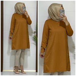 moda sura - 1030 K 25 HARDAL RENK DÜĞME VE CEP DETAYLI buyuk beden ıkı ıplık tunık yeni sezon